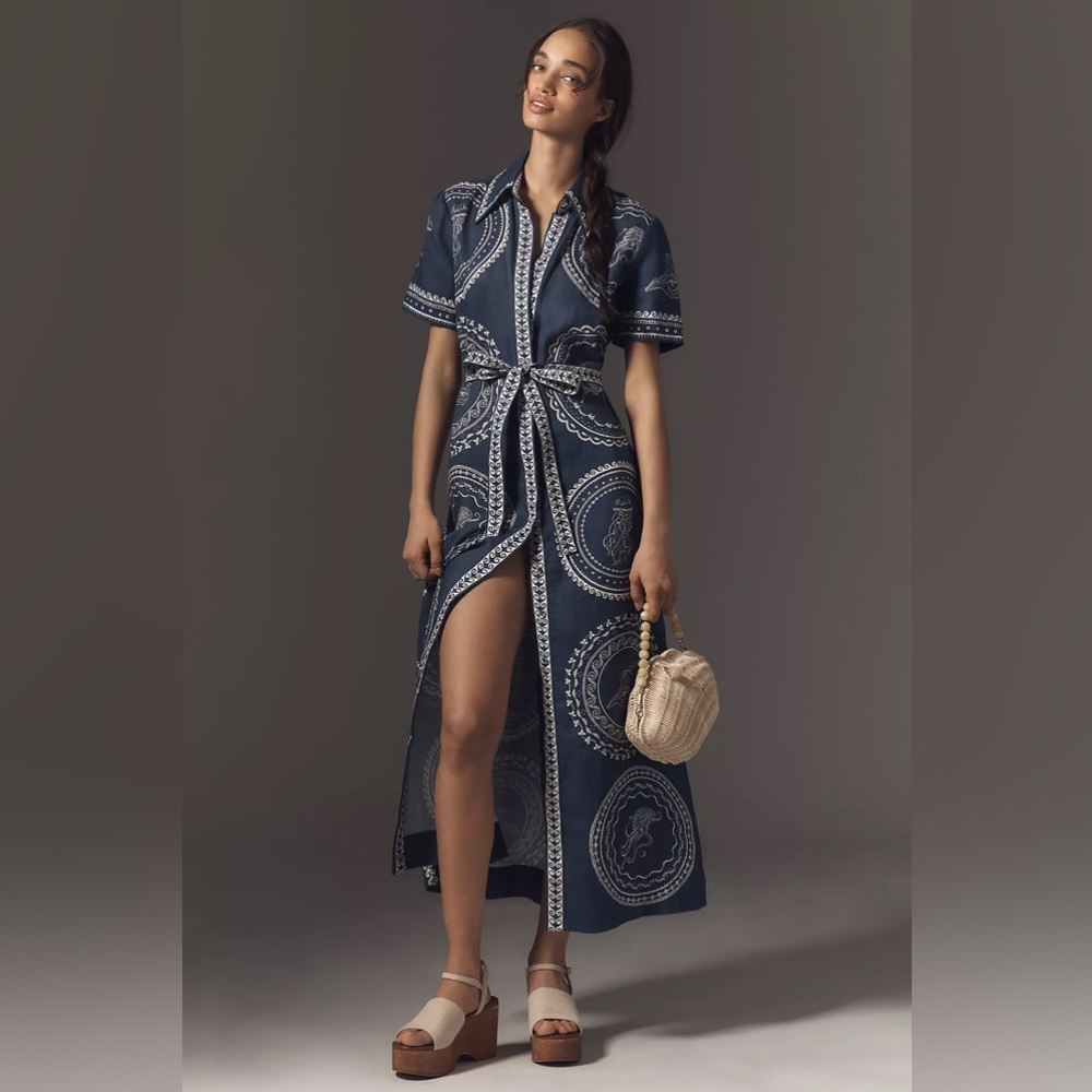 Alemais Oceane Short-Sleeve Linen Midi Shirt Dress.